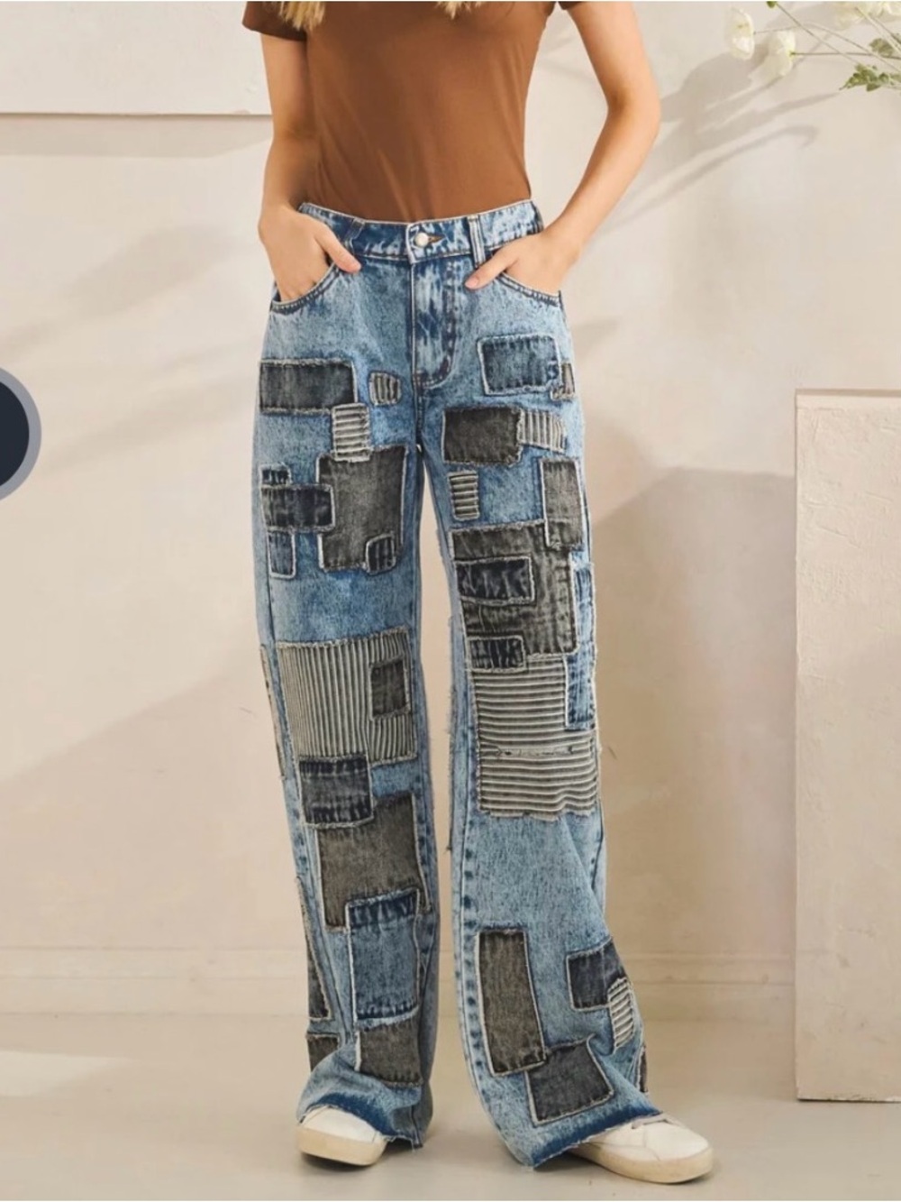 Oli & Hali Multi-Patchwork Wide Leg Denim Jeans - Waist 32” Inseam 31”.